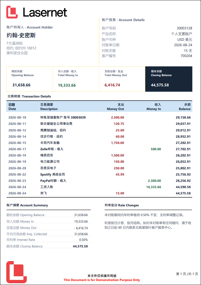 An account statement form in Mandarin.